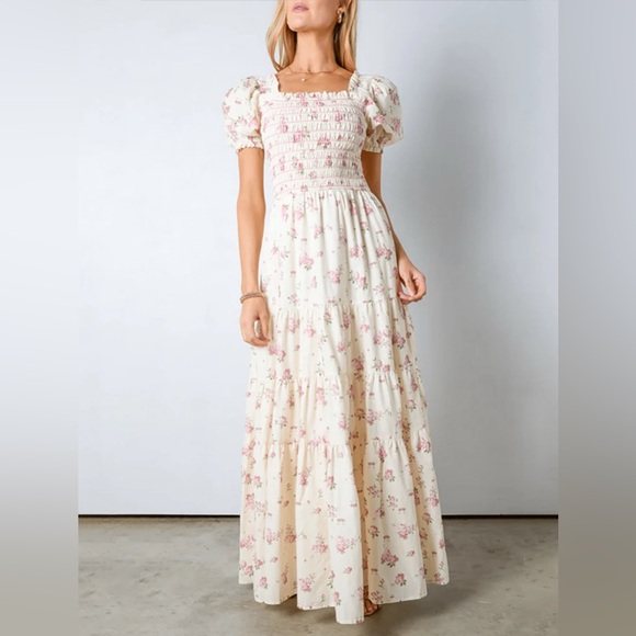 Dresses & Skirts - Cream Ruffled Tiered Maxi Dress with Puff Sleeves Floral Maxi Dress